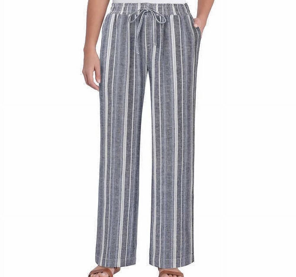Briggs Women's Linen Blend Striped Wide Leg Baggy Pull on Elastic Waist Pants L